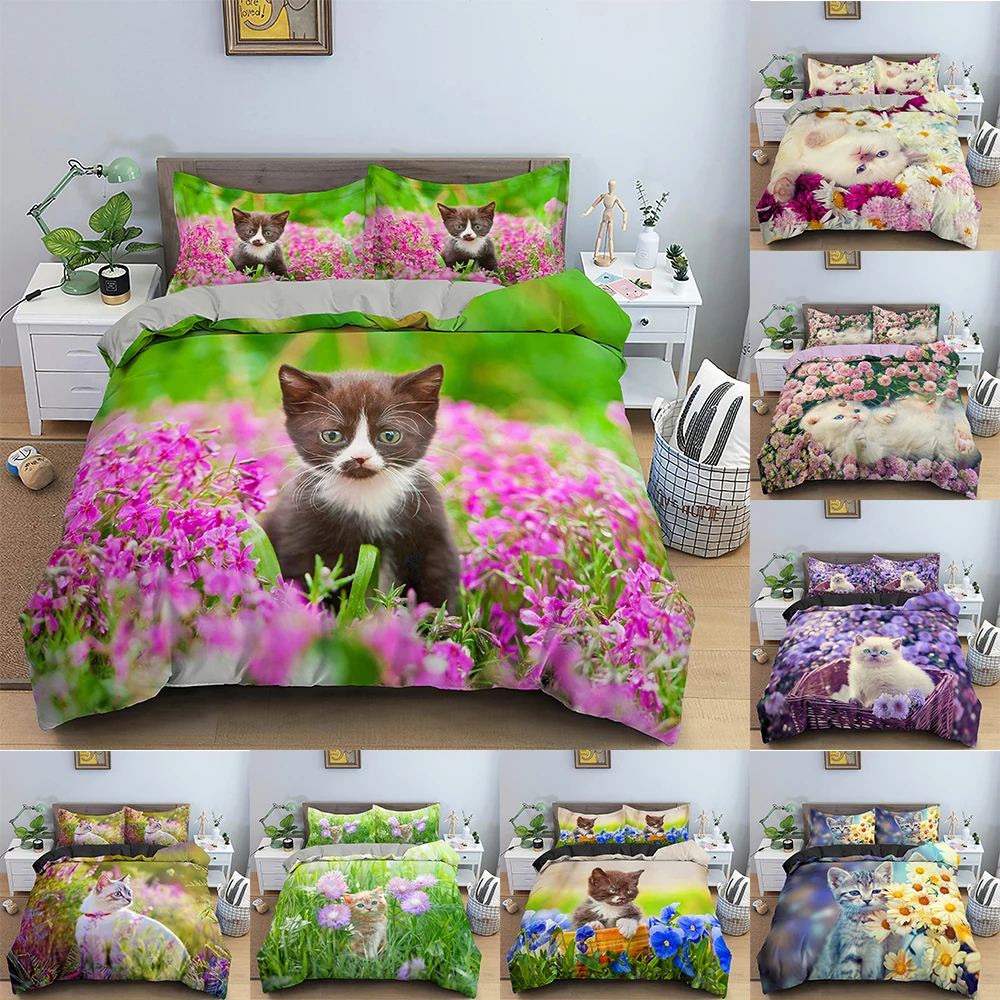 

Комплект постельного белья с 3d-изображением животных, пододеяльник с милым рисунком кота, двойное Полноразмерное одеяло королевского разм...