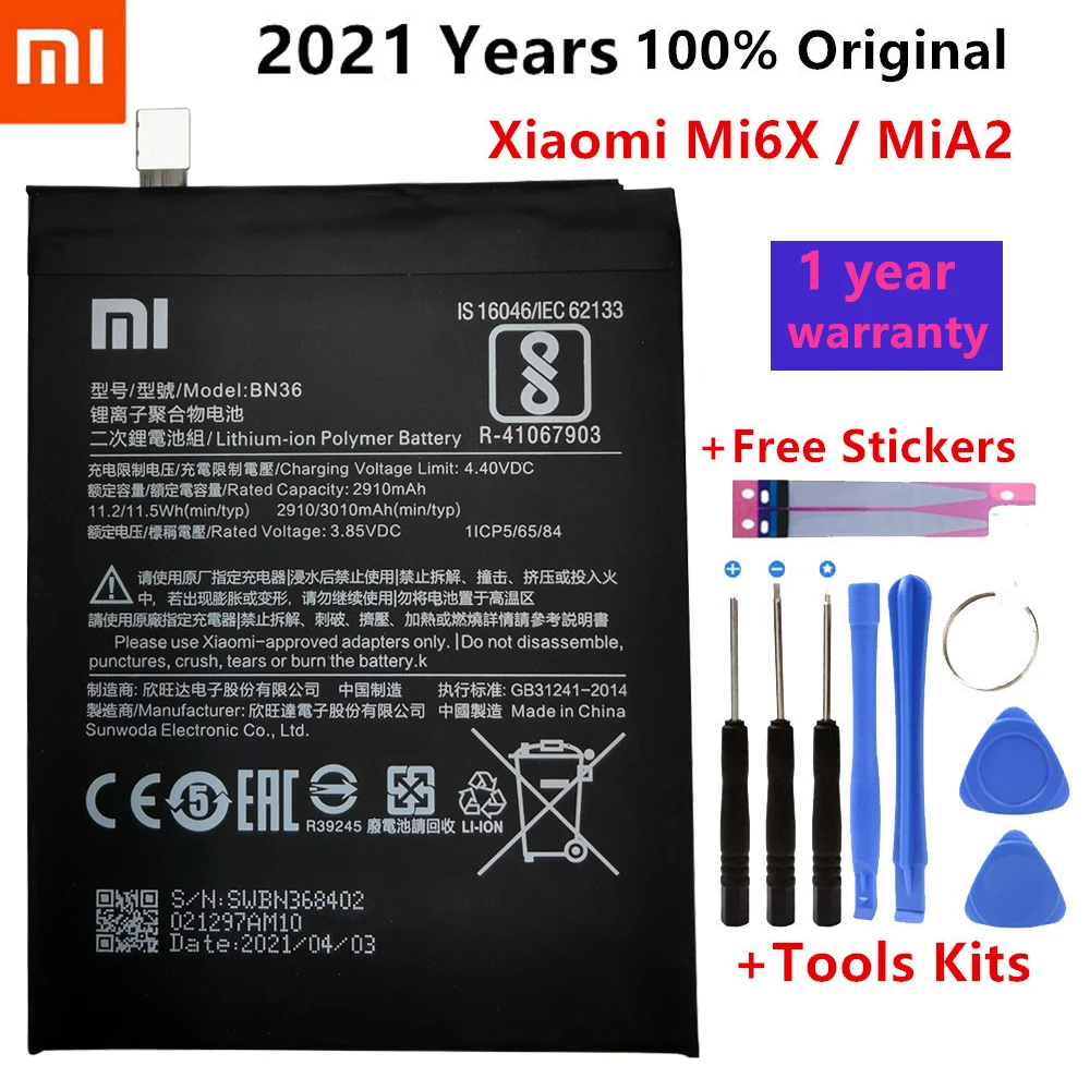 2021 Years 100% Orginal Xiao mi BN36 2910mAh Battery For Xiaomi 6X A2 Mi6X MiA2 M6X MA2 High Quality Phone Replacement+Tools
2021 Years 100% Orginal Xiao mi BN36 2910mAh Battery For Xiaomi 6X A2 Mi6X MiA2 M6X MA2 High Quality Phone Replacement+Tools