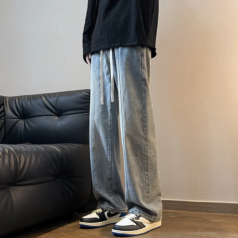 New Autumn Men Denim Wide-leg Pants Korean Style Straight Light Blue Baggy Jeans Elastic Waist Student Trousers Male Black Gray 
New Autumn Men Denim Wide-leg Pants Korean Style Straight Light Blue Baggy Jeans Elastic Waist Student Trousers Male Black Gray