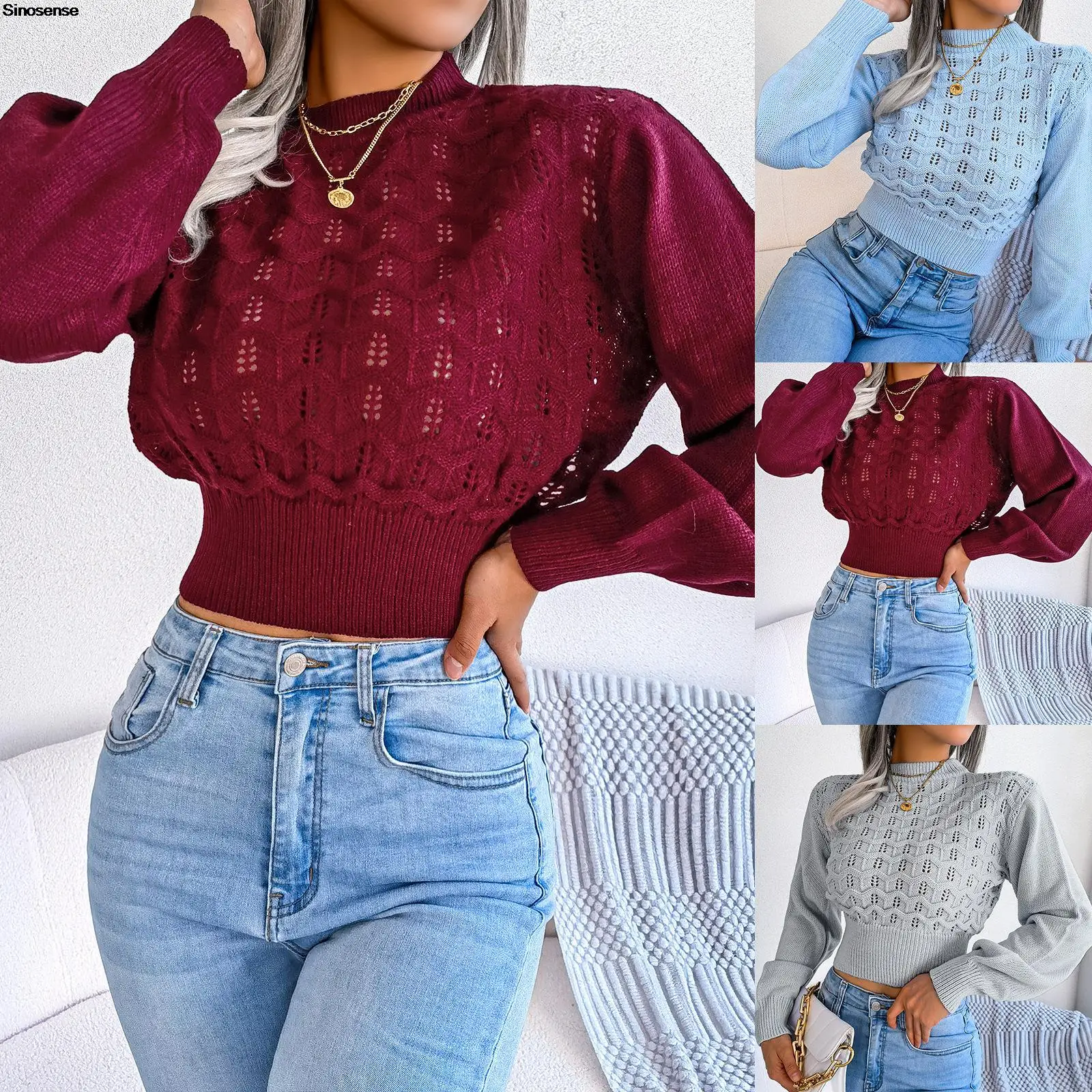 

Women Autumn Winter Cropped Sweater Sexy Hollow Out Mock Neck Lantern Long Sleeve Fall Chunky Cable Knit Pullover Jumper Tops
