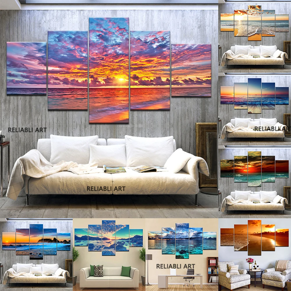

5 Panels Sunset Sunrise Canvas Painting Wall Art Seascape Posters and Prints Waves Landscape Wall Pictures for Living Room Decor