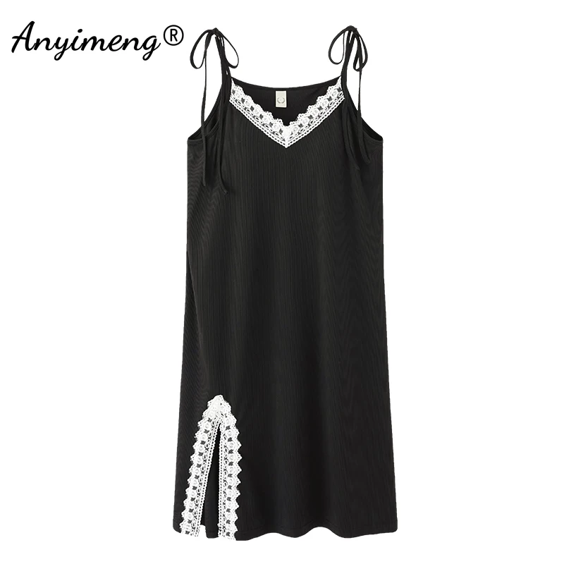 

New Fashion Summer Women Sexy Black Nightgown Soft Modal Plus Size 5XL Lingerie Nightdress Spaghetti Strap Homedress for Girls