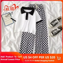 Girls Junior Summer Suit Childrens Checkerboard Trousers + Short Sleeve T-shirt 2 Piece Wide-Legged Pants 3-12Y