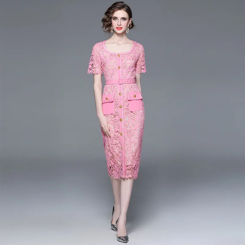Summer socialite temperament pink hollow lace stitching waist slimming hip square collar long dress
Summer socialite temperament pink hollow lace stitching waist slimming hip square collar long dress
