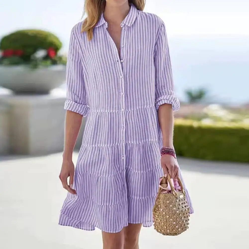 Long Sleeve Single Breasted Stitching Hem Shirt Dress Elegant Turn-down Collar Striped Print Office Dress Female Clothing
Long Sleeve Single Breasted Stitching Hem Shirt Dress Elegant Turn-down Collar Striped Print Office Dress Female Clothing