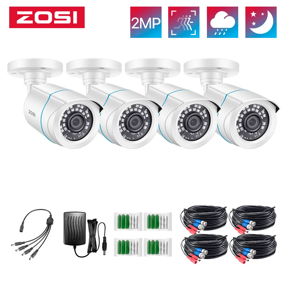 

Камера видеонаблюдения ZOSI, 2 МП, 1080p, 4 шт., ТВЛ, 24 светодиода, 80 футов, ночное видение, угол обзора 90 °