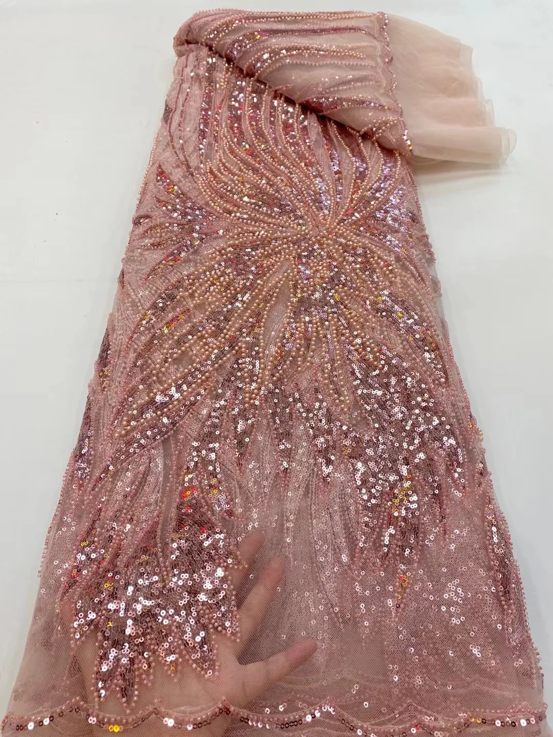 

Африканское Новое поступление, роскошная розовая ткань с блестками, французское высококачественное Тюлевое кружево ручной работы из бисера, нигерийское женское платье для выпусквечерние вечера