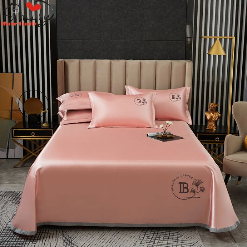 

High End Satin Silky Fitted Bed Sheet Luxury Home Solid Single Double Bed Sheets Pillow Cases Elastic Band Mattress Cover Linens