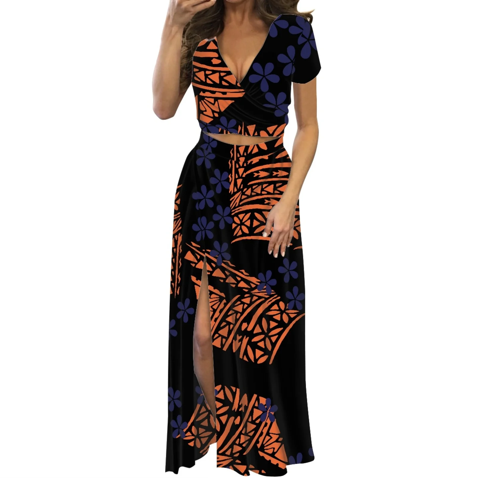 Polynesian Tribal Hawaiian Totem Tattoo Hawaii Prints Beach Vacation Printed Women Suits V Neck Crop Top Short Sleeve Piece Set 
Polynesian Tribal Hawaiian Totem Tattoo Hawaii Prints Beach Vacation Printed Women Suits V Neck Crop Top Short Sleeve Piece Set