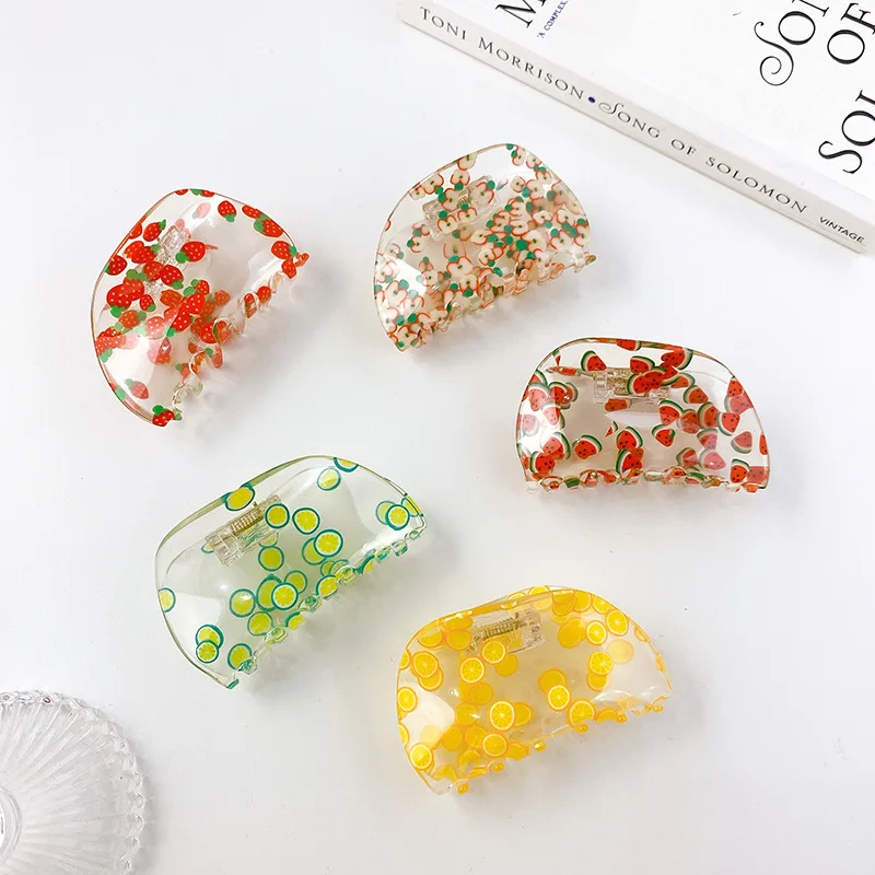 2022 New Korea Summer Serie 7.5cm Semicircle Fruit Pattern Hair Clip Accessories Acrylic Clear Hair Claws For Women Girls
2022 New Korea Summer Serie 7.5cm Semicircle Fruit Pattern Hair Clip Accessories Acrylic Clear Hair Claws For Women Girls