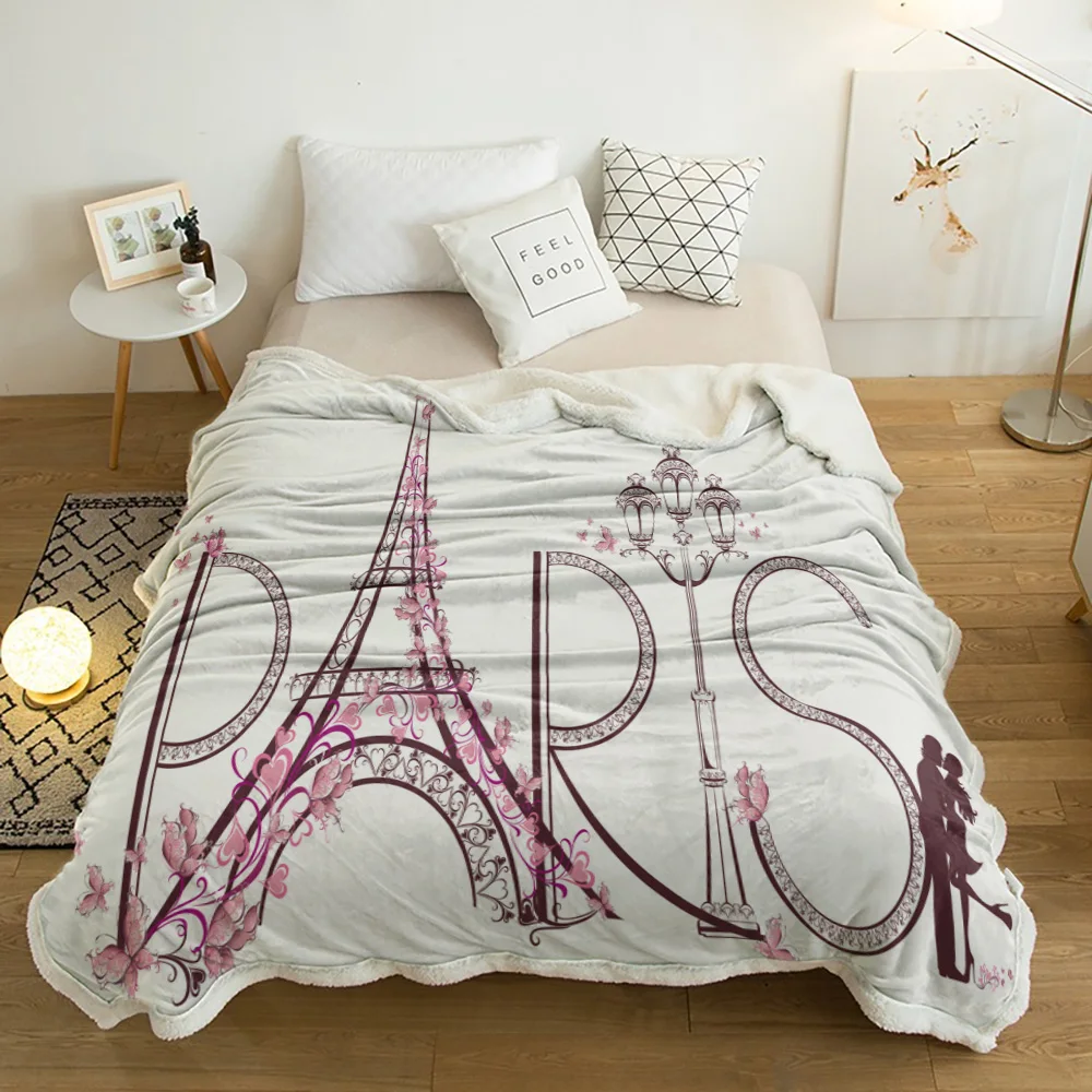 

France Paris Eiffel Tower Pink White Lamb Cashmere Fleece Blanket Home Bed Sofa Winter Sherpa Bedding Kids Thick Bedspread