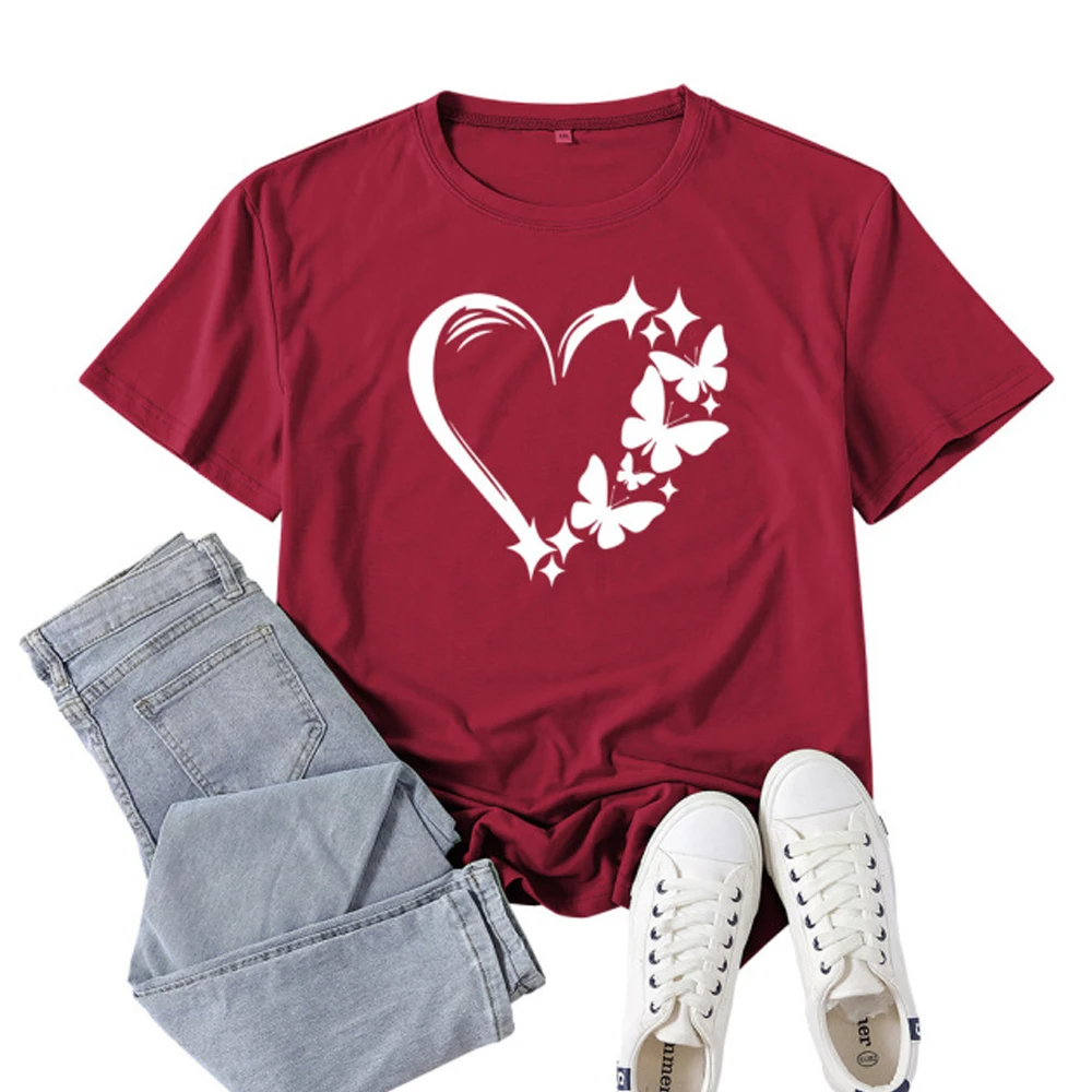 Футболка женская с круглым вырезом, Классическая Свободная рубашка с принтом бабочки и сердца, модный топ с коротким рукавом, на лето 
Футболка женская с круглым вырезом, Классическая Свободная рубашка с принтом бабочки и сердца, модный топ с коротким рукавом, на лето