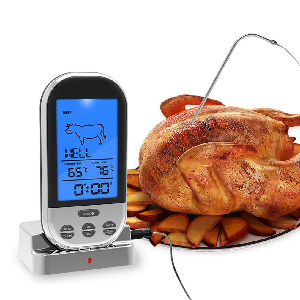 Беспроводной цифровой термометр для мяса, кухонный прибор для приготовления барбекю, гриля, духовки, с таймером и будильником
Беспроводной цифровой термометр для мяса, кухонный прибор для приготовления барбекю, гриля, духовки, с таймером и будильником