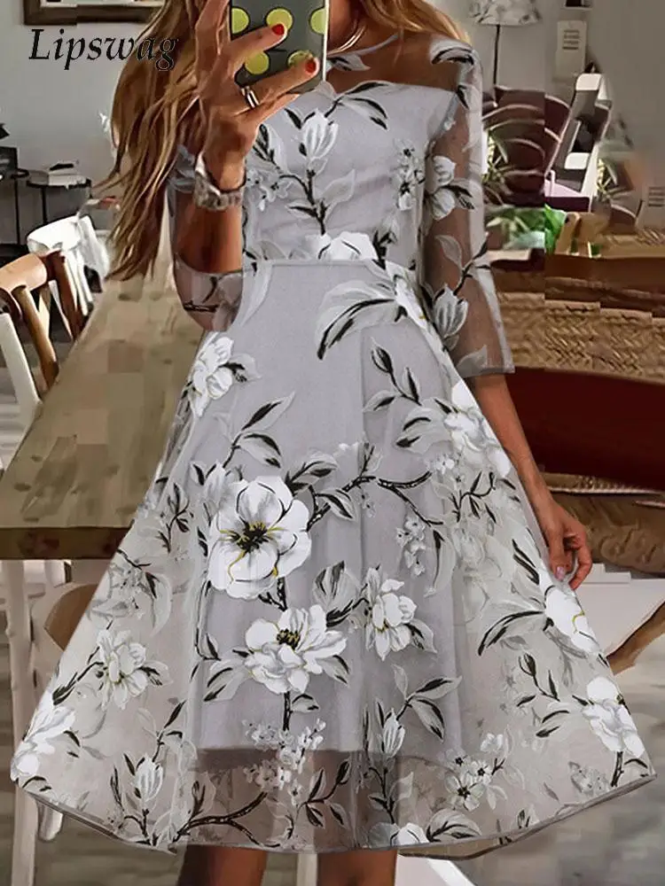 Women Elegant Floral Print Mesh Patchwork Dress Casual Three Quarter Sleeve Party Dresses Ladies Spring Summer New Fashion Dress
Women Elegant Floral Print Mesh Patchwork Dress Casual Three Quarter Sleeve Party Dresses Ladies Spring Summer New Fashion Dress
