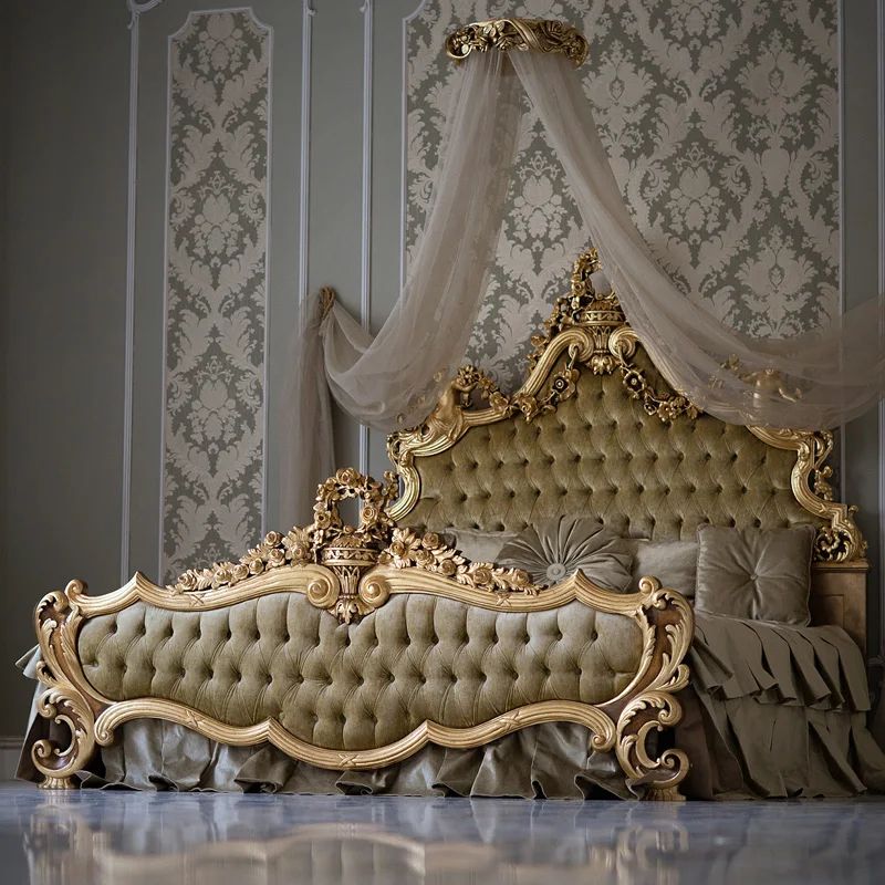 

Сделанная на заказ Вилла из цельной древесины резная двойная королевская Золотая фольга принц Главная спальня Свадебная роскошная двуспальная кровать