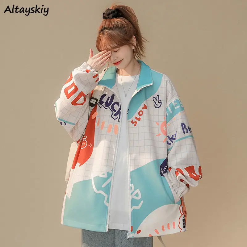 

Basic Jackets Women Print Loose Zipper Design Cool BF Kawaii Streetwear Casual Retro Chic Ins Cozy Chaquetas Mujer College Youth