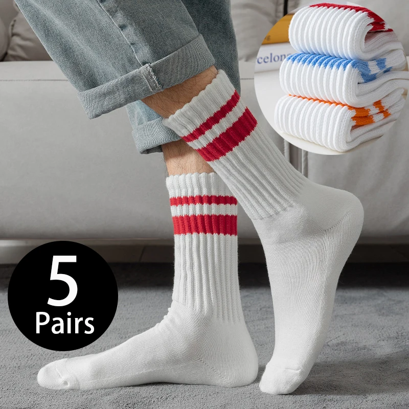 

5Pairs Cotton Men Socks High Quality White Stripe High Tube Socks Street Hip Hop Skateboard Trendy Sock Heavy Towel Sock for Men