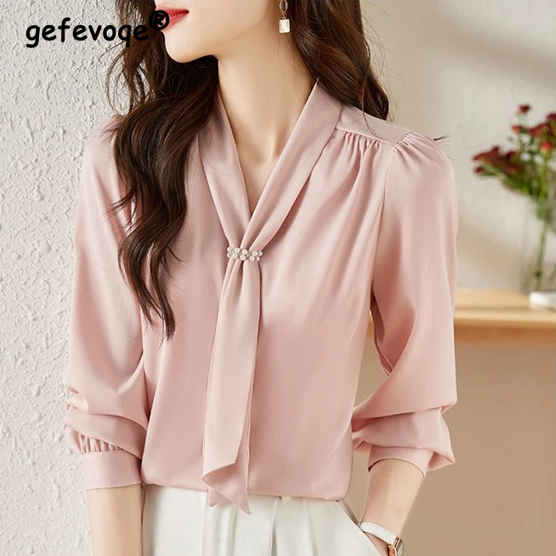 2023 Spring Summer Scarf Collar Temperament Long Sleeve Solid Shirt Women Elegant Fashion Beading Pullover Blouse Female Clothes
2023 Spring Summer Scarf Collar Temperament Long Sleeve Solid Shirt Women Elegant Fashion Beading Pullover Blouse Female Clothes