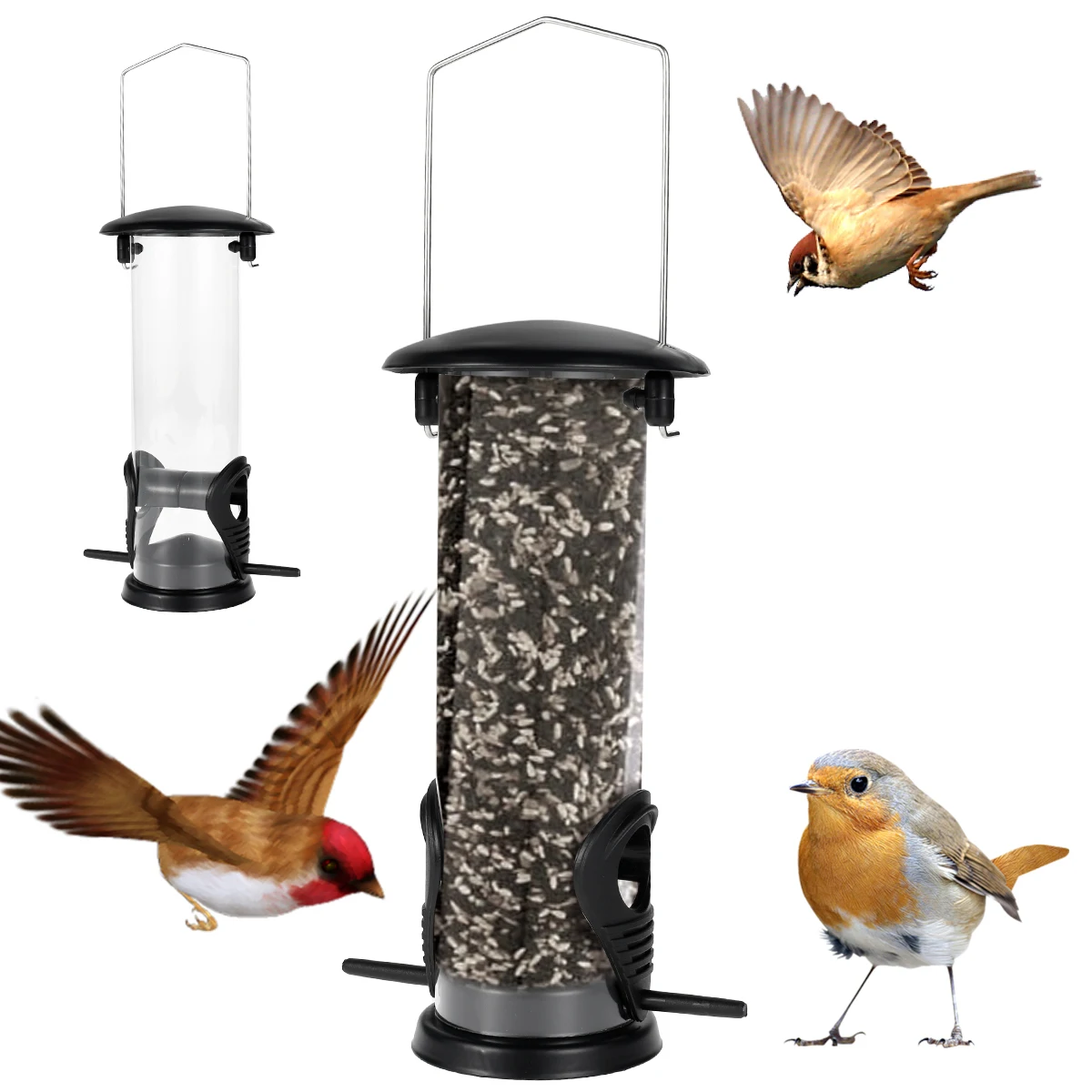 Hanging Bird Feeder Wild Bird Feeder with 2 Feeding Ports Squirrel Proof Tube Bird Seed Feeder with Metal Hanger
Hanging Bird Feeder Wild Bird Feeder with 2 Feeding Ports Squirrel Proof Tube Bird Seed Feeder with Metal Hanger