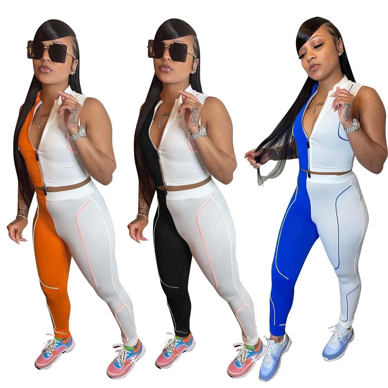European and American sexy women's fashion personality zipper two-color stitching leisure sports two-piece suit
European and American sexy women's fashion personality zipper two-color stitching leisure sports two-piece suit
