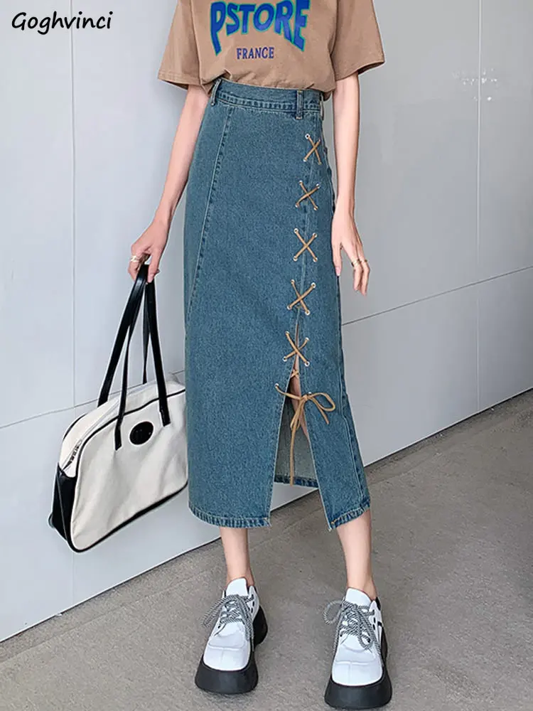 

Denim Skirts Women Elegant Lace-up Design Streetwear Female Korean Style Side-slit Hotsweet Fashion A-line Summer Casual Empire