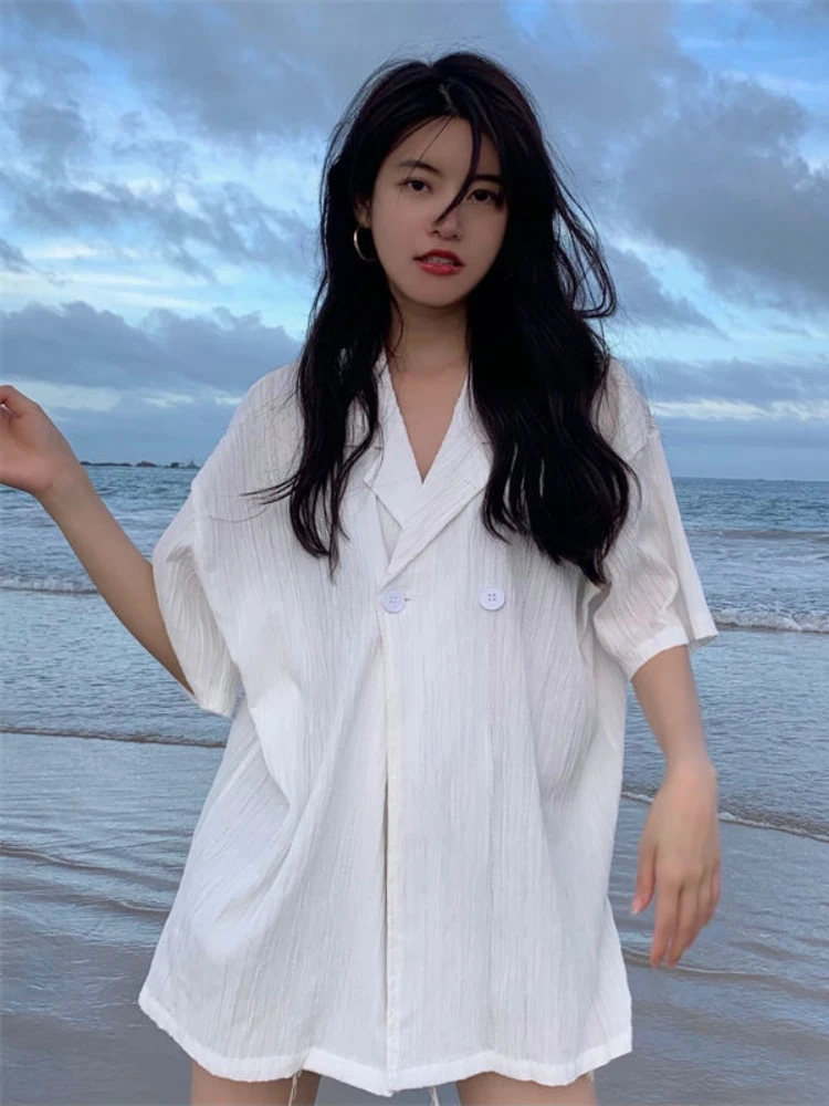 HOUZHOU Women Casual Blouses Summer Short Sleeve Oversized Shirts White Holiday Style Loose Beachwear Stripe Female Tops
HOUZHOU Women Casual Blouses Summer Short Sleeve Oversized Shirts White Holiday Style Loose Beachwear Stripe Female Tops