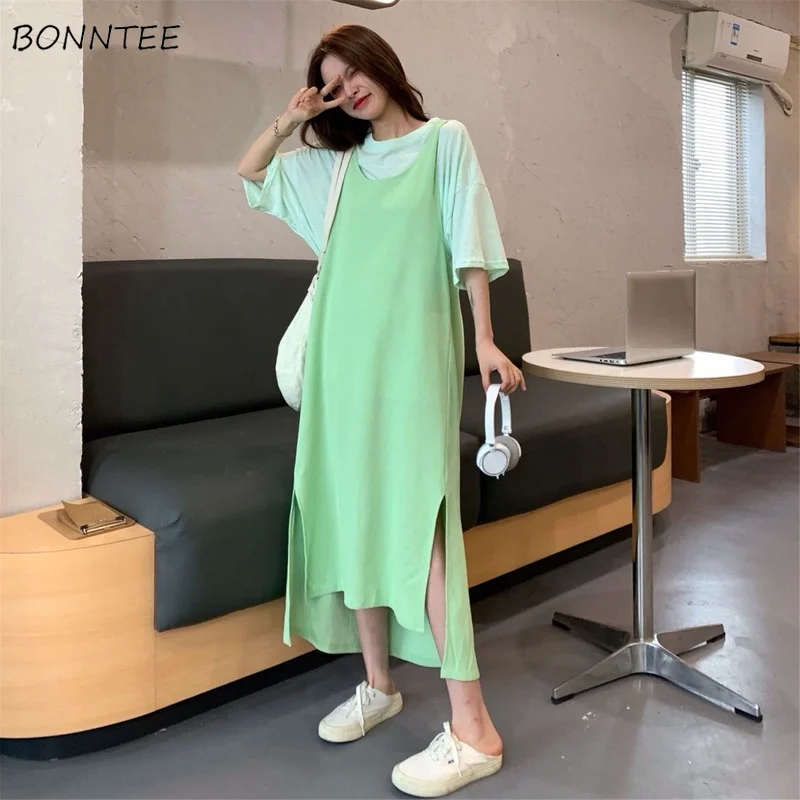 

Women Sets Dresses T-shirts Shirring Solid Simple Elegant Basic All-match Kawaii Sweet Chic Ins платье летнее Korean Style Young