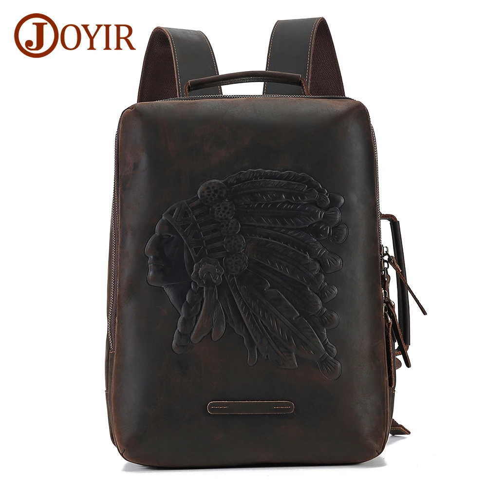 

JOYIR Genuine Leather Men's Backpack for 14" Laptop Rucksack Crazy Horse Leather Men Schoolbag Retro Embossing Travel Backpack