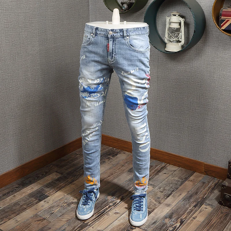 Printed Light Fashion Blue Jeans Men Streetwear Casual Straight Slim Fit Pants Cotton Denim Trousers
Printed Light Fashion Blue Jeans Men Streetwear Casual Straight Slim Fit Pants Cotton Denim Trousers