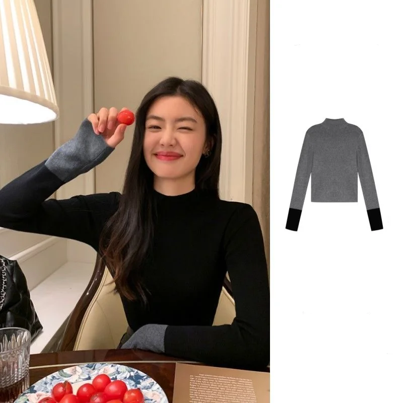 2023 Autumn/Winter Long sleeved Half High Neck T-shirt Women's Contrast Design, Slim Fit, Versatile Style Underlay Top 
2023 Autumn/Winter Long sleeved Half High Neck T-shirt Women's Contrast Design, Slim Fit, Versatile Style Underlay Top