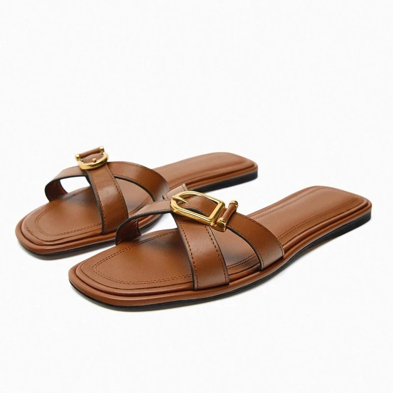 

2023 Women Brown Leather Crisscross Sandals Summer Fashion Rounded Toe Flats Sandals Female Sexy Flat Slippers Zapatos De Mujer