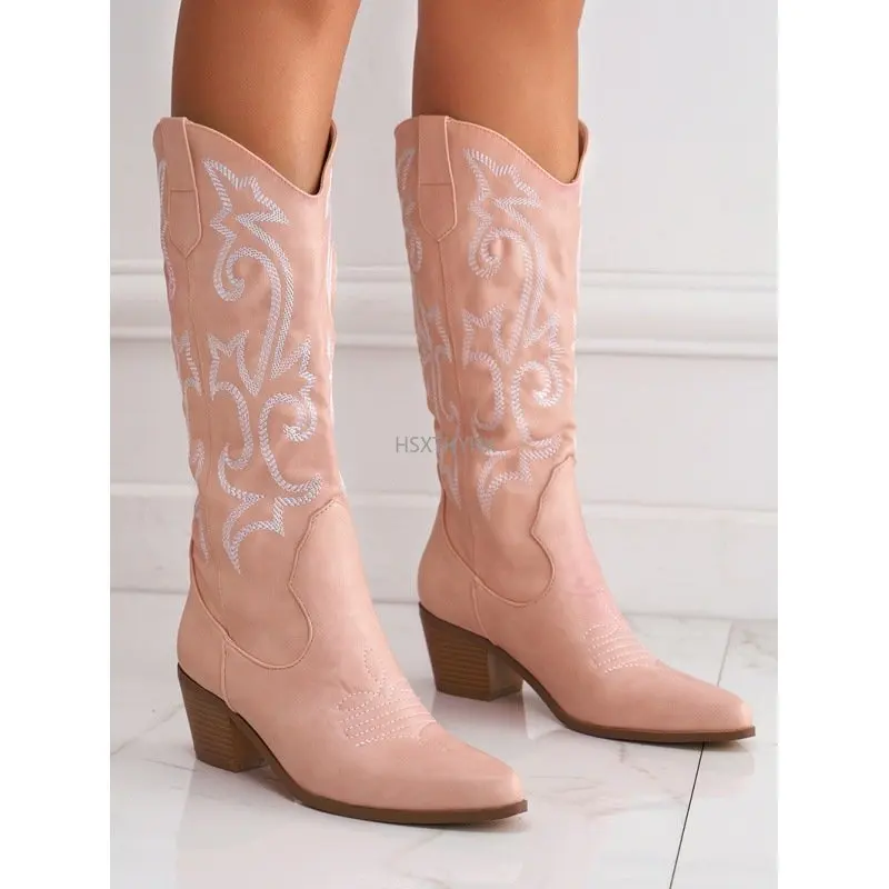 

Retro Embroider Knee High Boots Women Comfy Walking Female Side Zip Western Cowboy Long Botas Largas Mujer Chelsea Boots