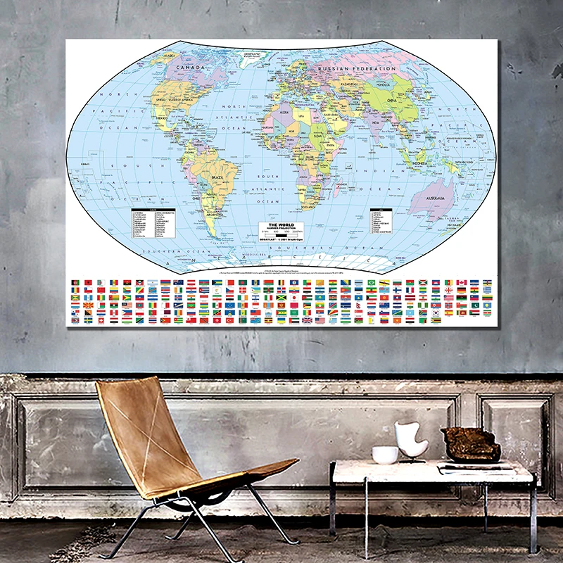 

Карта мира с национальными флагами, 90*60 см, Нетканая Картина на холсте, настенные художественные плакаты и печатная комната, домашний декор, ...