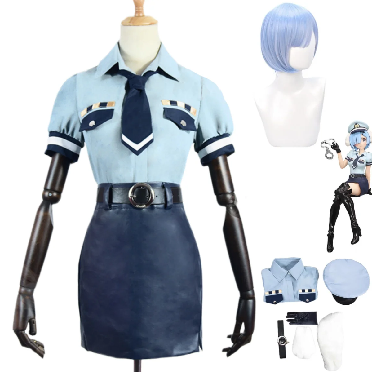 

Anime Re:Life in A Different World From Zero Rem Cosplay Costume Female Police Uniform Wig Woman Sexy Halloween Carnival Suit