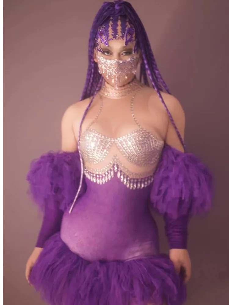 2022 New Purple Color Women Sexy Ruffles Bodycon Mini Dress Shinning Rhinestones Performance Costume Stage Wear Celebrate Dress
2022 New Purple Color Women Sexy Ruffles Bodycon Mini Dress Shinning Rhinestones Performance Costume Stage Wear Celebrate Dress