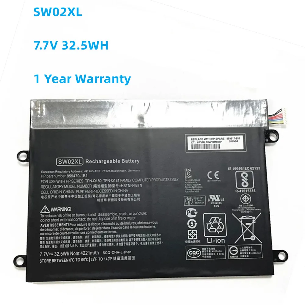 Tablet Laptop Battery SW02XL For HP x2 210 G2 TPN-Q180 TPN-Q181 HSTNN-IB7N 859470-1B1 859517-855 7.7V 32.5Wh
Tablet Laptop Battery SW02XL For HP x2 210 G2 TPN-Q180 TPN-Q181 HSTNN-IB7N 859470-1B1 859517-855 7.7V 32.5Wh