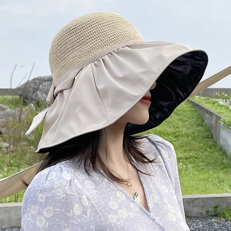 

Шляпа женская с большими полями, резиновый головной убор в стиле рыбака, шляпа от солнца с бантом, цвет черный, лето