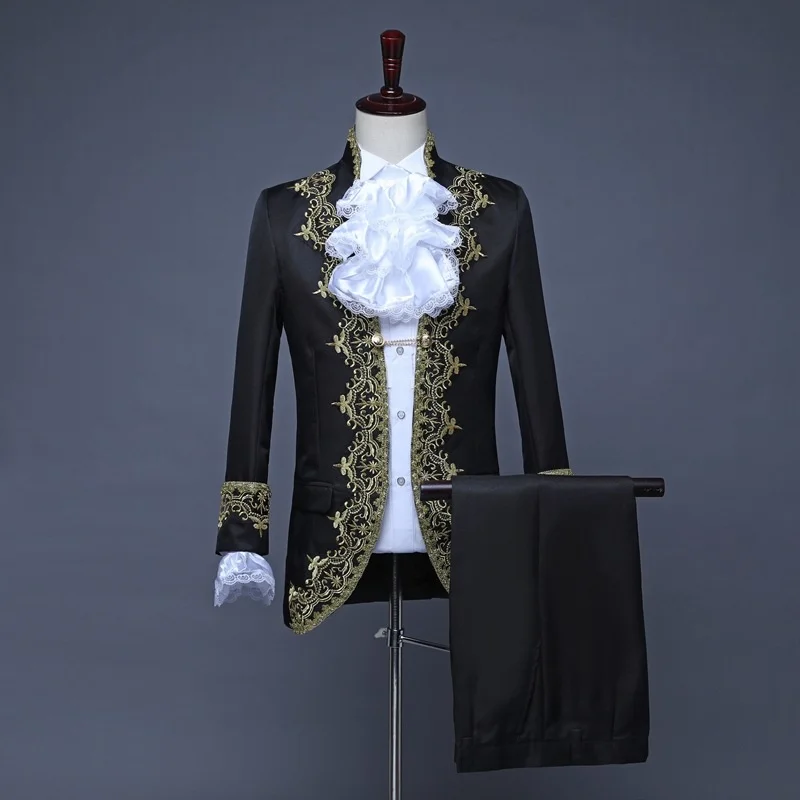 

Mens Gold Embroidery 2 Piece Suit (Jacket+Pants) Set Palace Court Prince Costume Party Wedding Prom Dinner Dress Tuxedo Suit Men