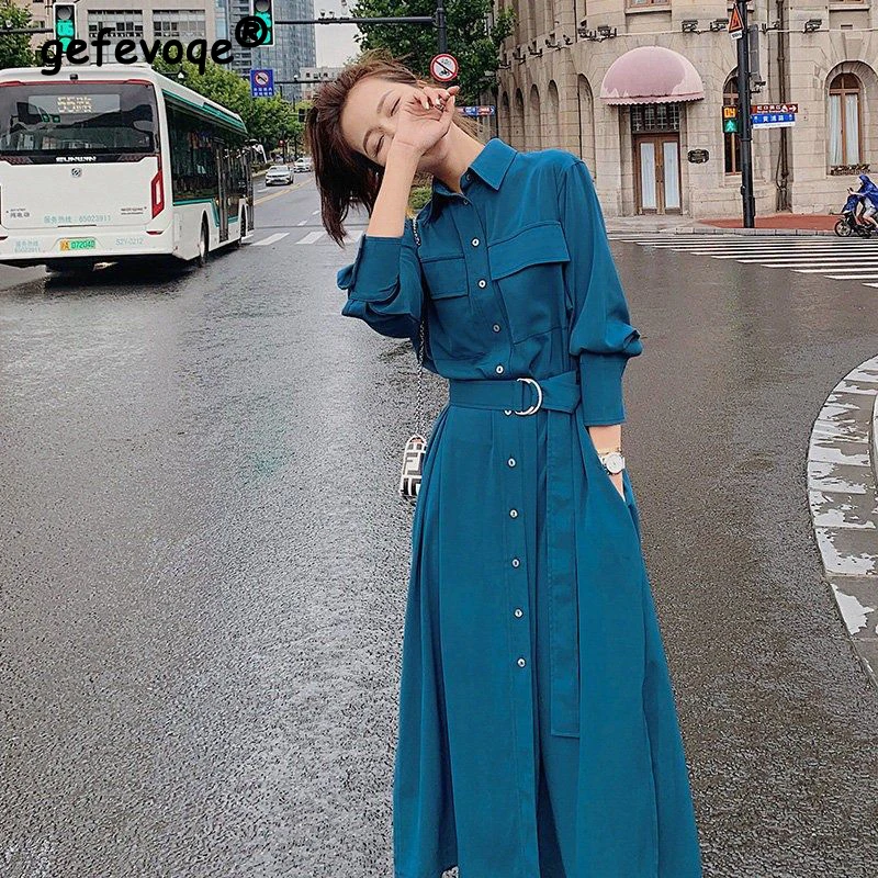 Long Sleeve Solid Belt Dress Women Vintage Autumn Ladies Empire A-Line Vestidos Blue Holiday Sweet New Lapel Button Midi Dresses 
Long Sleeve Solid Belt Dress Women Vintage Autumn Ladies Empire A-Line Vestidos Blue Holiday Sweet New Lapel Button Midi Dresses