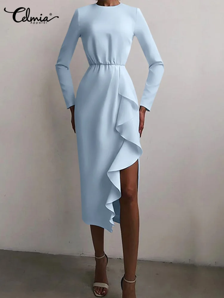 

Celmia Elegant Tight Midi Vestidos Long Sleeve Slim Party Dress Fashion Women Dresses O-neck Drape Elastic Waist Slit Hem Robes