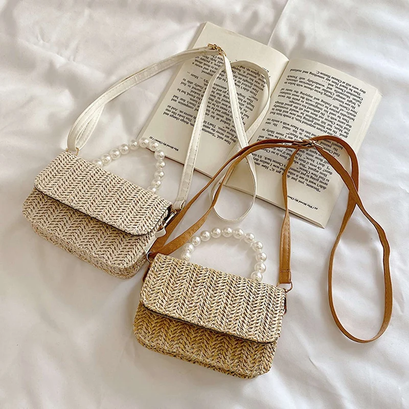 

Женские маленькие сумочки с жемчужными ручками, сумка через плечо, плетеные сумки-мессенджеры, богемная летняя Соломенная пляжная сумка