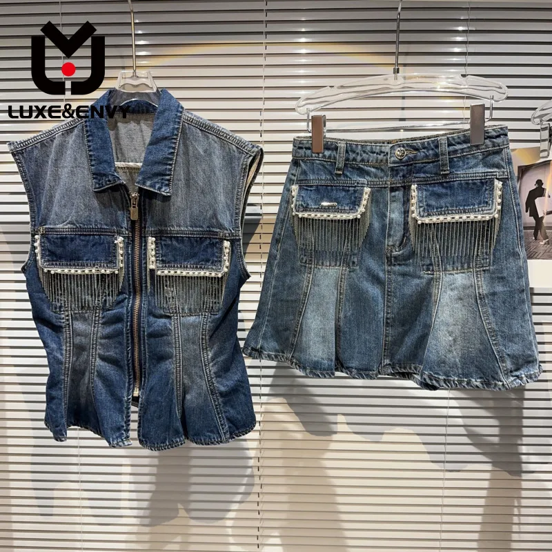 LUXE&ENVY 2023 Summer New Lapel Zipper Beading Tassel Diamonds Patchwork Denim Vest + High Waist A-line Skirts Casual
LUXE&ENVY 2023 Summer New Lapel Zipper Beading Tassel Diamonds Patchwork Denim Vest + High Waist A-line Skirts Casual