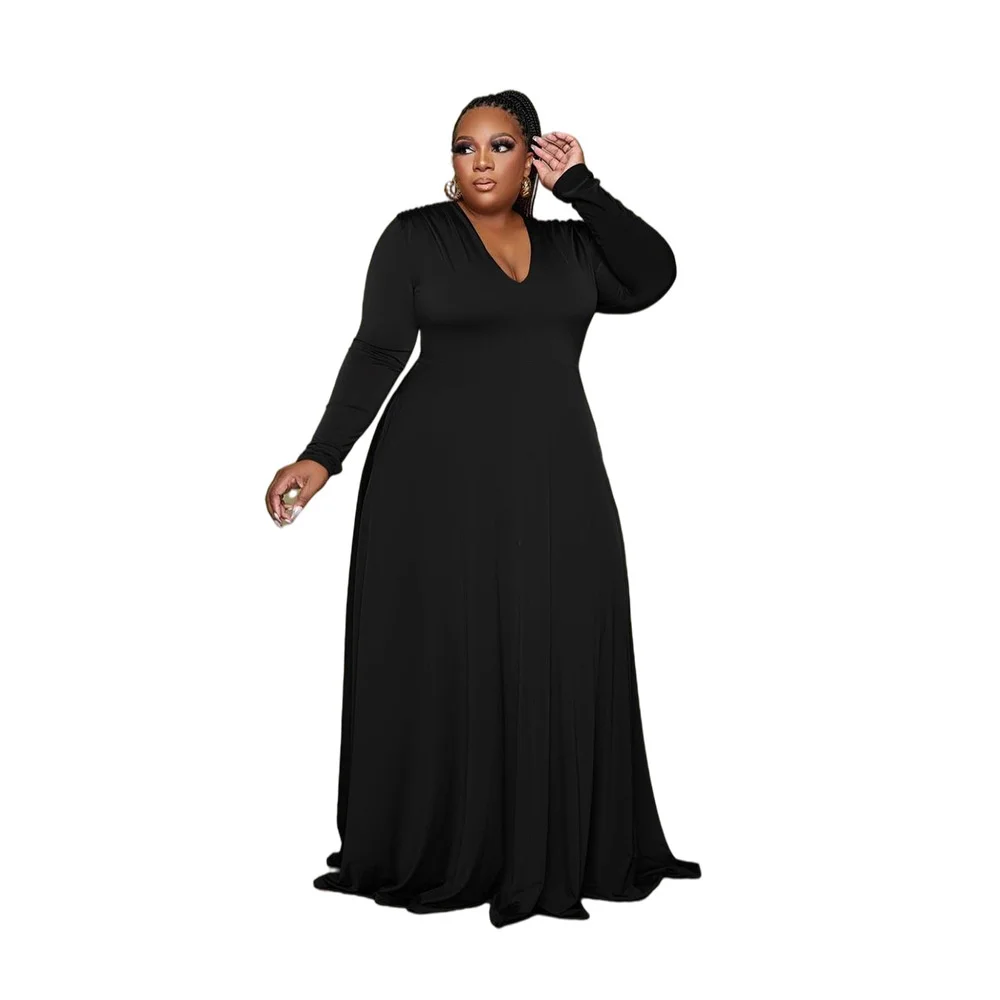 Plus Size Sleeved Sexy Solid Color Long v Neck Elegant Loose Maxi Evening Dresses Fashion High Waist Women Clothing Wholesale 
Plus Size Sleeved Sexy Solid Color Long v Neck Elegant Loose Maxi Evening Dresses Fashion High Waist Women Clothing Wholesale