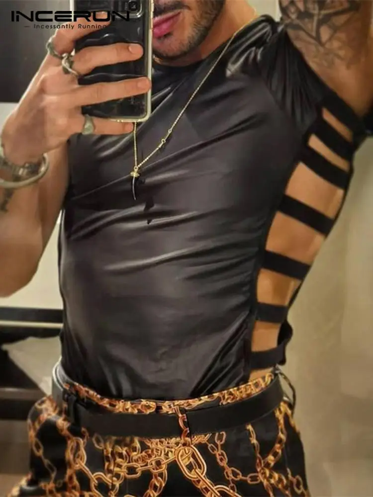 Party Nightclub Style New Men Leather Side Camiseta Male Stitching Hollow Elastic Short-sleeved T-shirts S-5XL INCERUN Tops 2022
Party Nightclub Style New Men Leather Side Camiseta Male Stitching Hollow Elastic Short-sleeved T-shirts S-5XL INCERUN Tops 2022