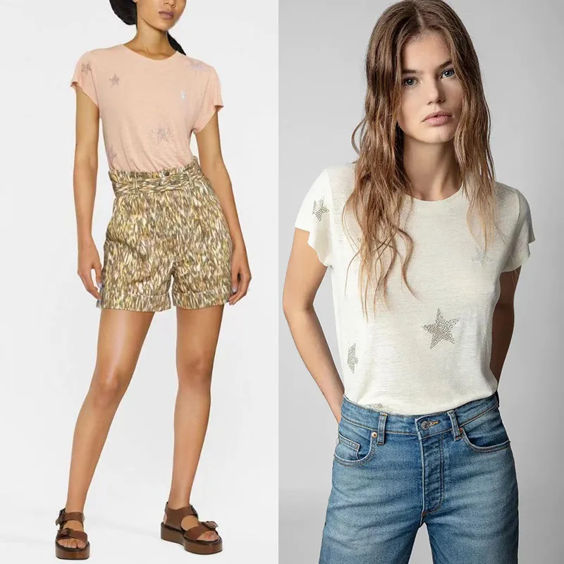 2023 spring and summer new T-shirt star pattern hot diamond linen round neck women's short-sleeved T-shirt
2023 spring and summer new T-shirt star pattern hot diamond linen round neck women's short-sleeved T-shirt