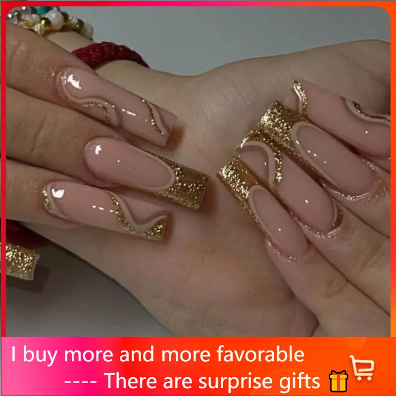 24 Pcs French Tip Press on Nails Long Coffin Fake Nails Full Cover Nails With Gold Brown Wave Design Reusable Adhesive Nails
24 Pcs French Tip Press on Nails Long Coffin Fake Nails Full Cover Nails With Gold Brown Wave Design Reusable Adhesive Nails