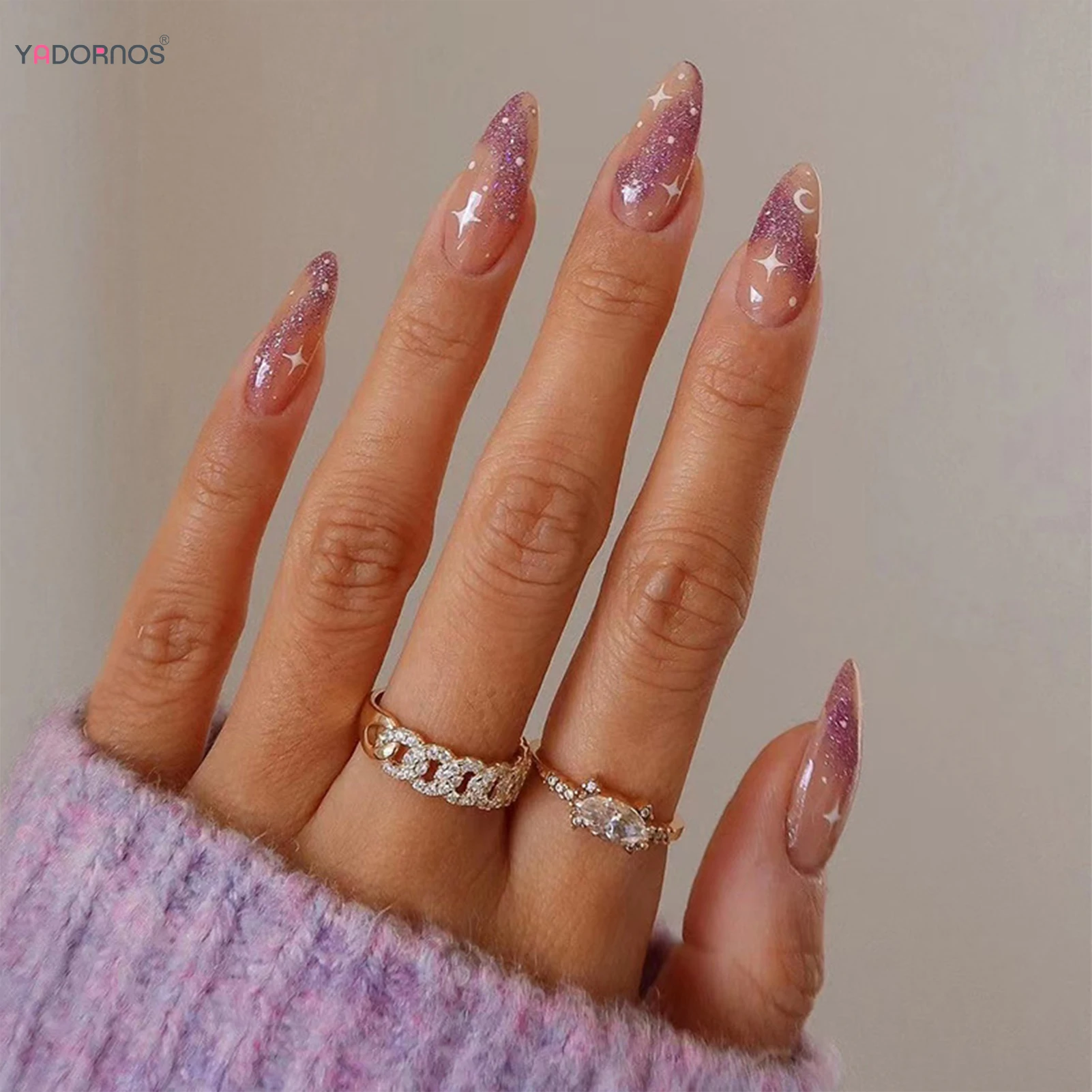 Purple Y2K Nails Sets for Women and Girls Almond Shaped Glitter Fake Nails with Star Moon Designs Full Cover Press on Nails
Purple Y2K Nails Sets for Women and Girls Almond Shaped Glitter Fake Nails with Star Moon Designs Full Cover Press on Nails