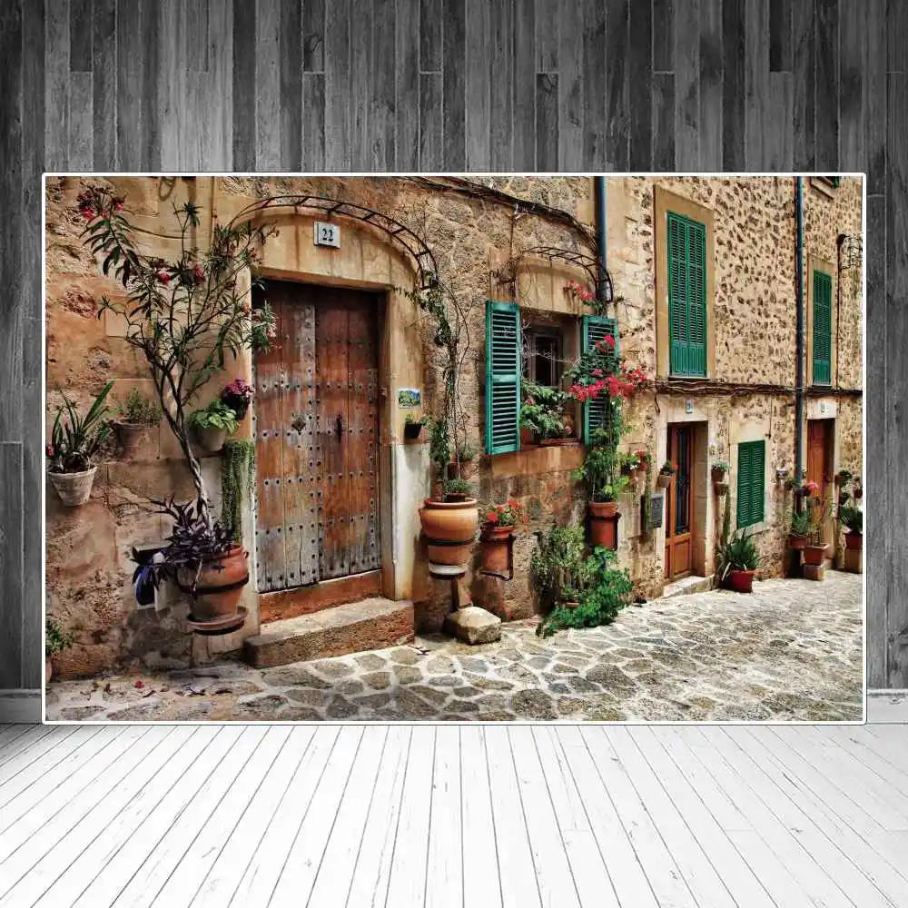 

Old Rural House Photography Backgrounds Retro Town Potted Flowers Alley Corridor Resort Photographic Backdrops Portrait Props