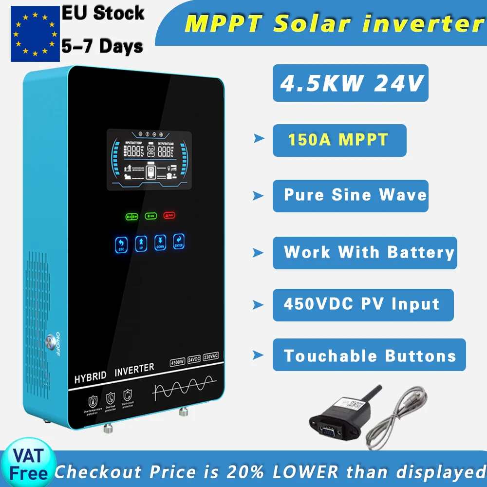 4.5KW 24V To 230V Hybrid Solar Inverter Pure Sine Wave Built-in 150A MPPT Solar Charger Max.PV Input 450V Restore Settings with
4.5KW 24V To 230V Hybrid Solar Inverter Pure Sine Wave Built-in 150A MPPT Solar Charger Max.PV Input 450V Restore Settings with
