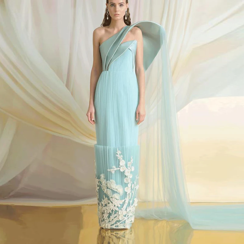Mint One Shoulder Evening Gowns Saudi Arabia Lace Appliques Sheath Prom Dresses Tulle Sweep Train Robe De Soiree Party Dress
Mint One Shoulder Evening Gowns Saudi Arabia Lace Appliques Sheath Prom Dresses Tulle Sweep Train Robe De Soiree Party Dress